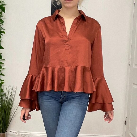Cinq à Sept Bell Sleeve Casual Loose Shirt Blouse Size XS Brown - Picture 1 of 9